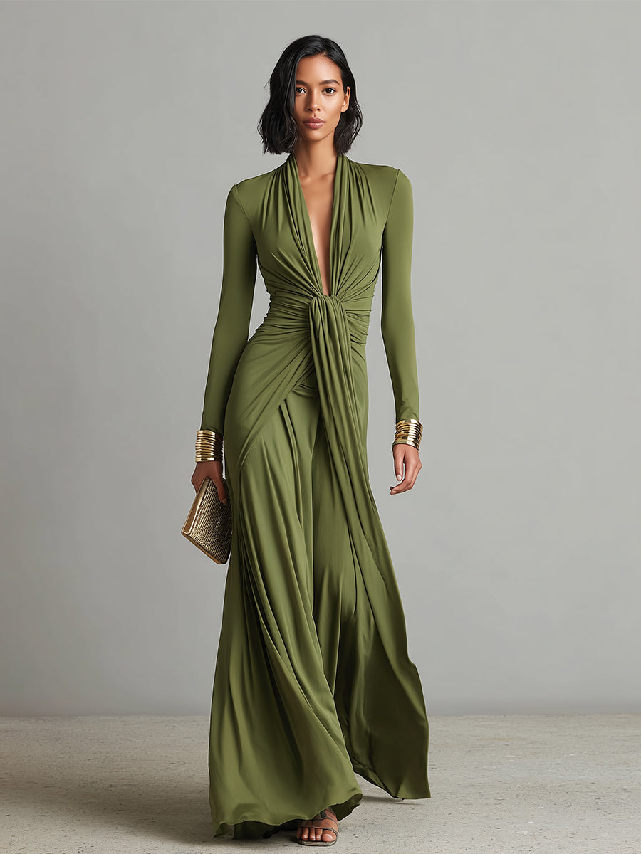 Olive silk V-neck maxi dress