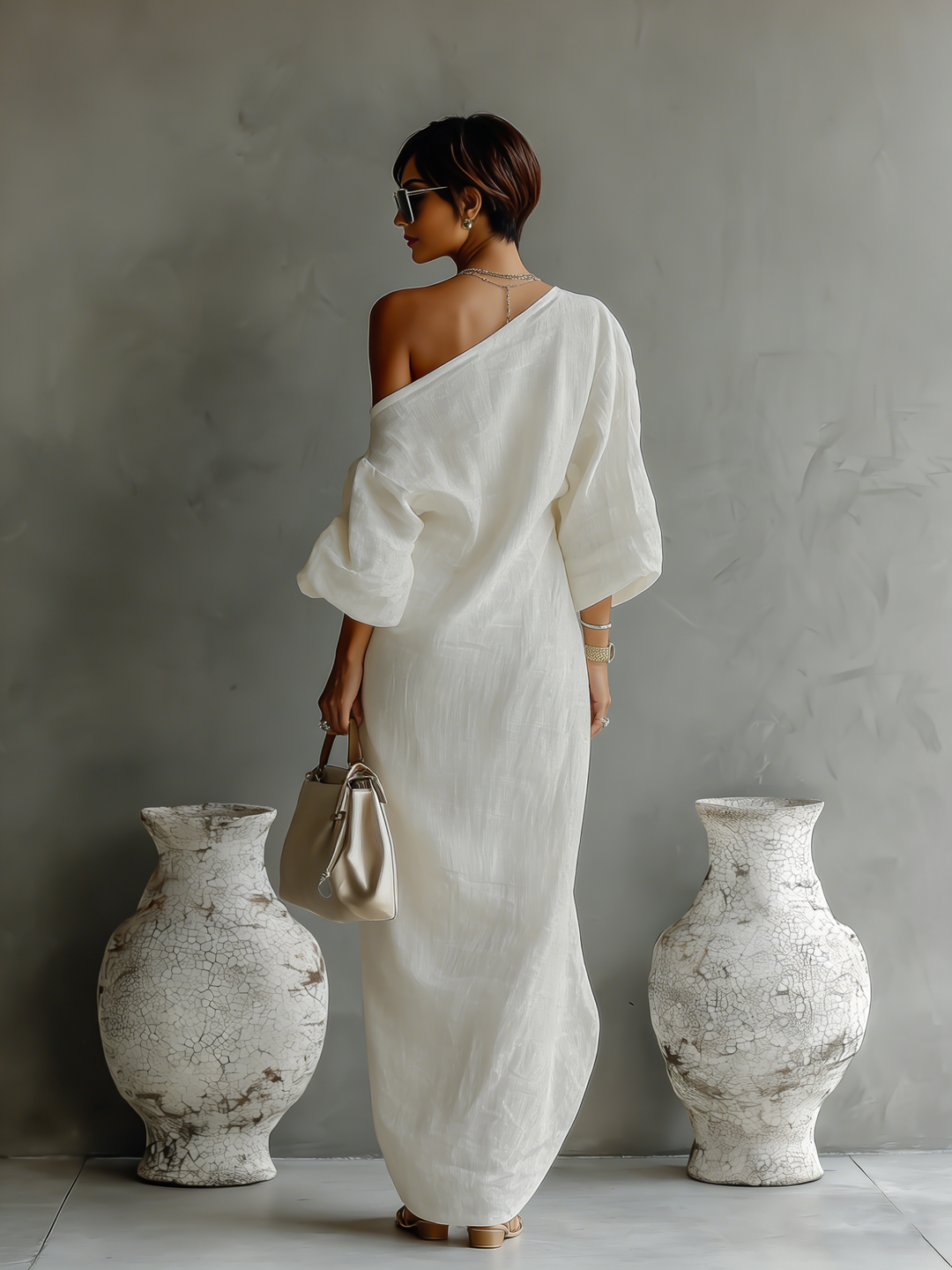 Ivory linen off-shoulder dress