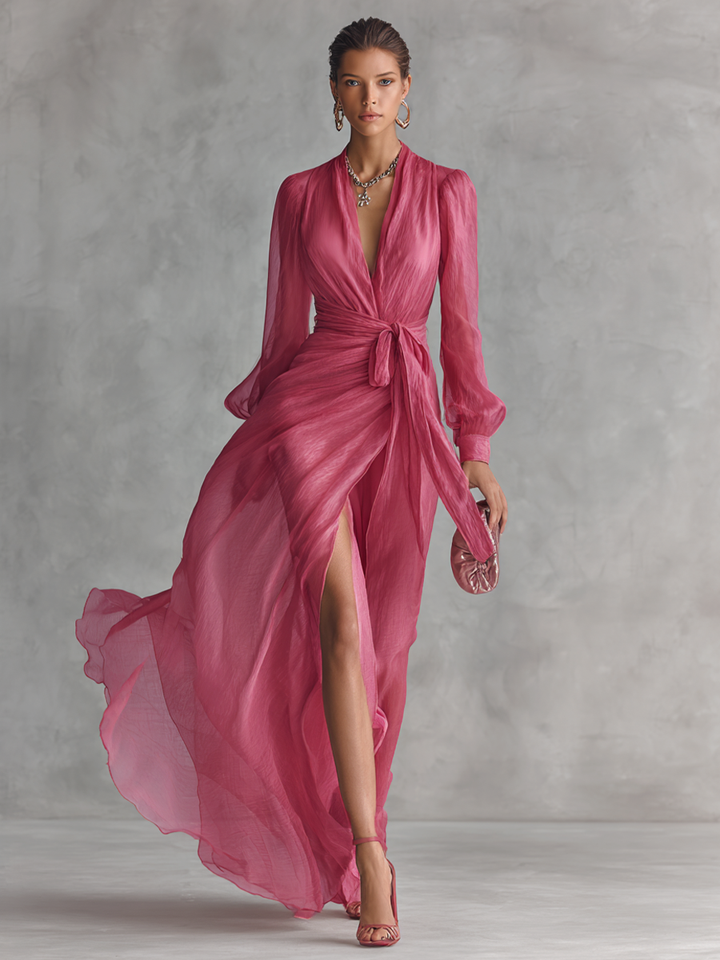 Pink chiffon V-neck dress