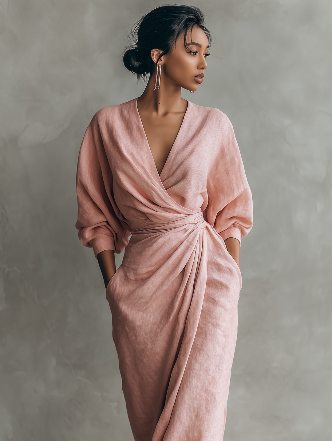 Pink linen V-neck maxi dress