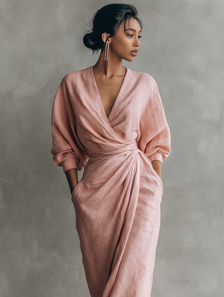 Taylor – Maxi minimalist dress in pink with a V-neck, made from a linen blend for women
