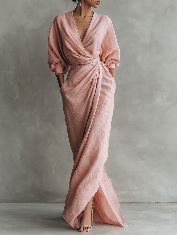Taylor – Maxi minimalist dress in pink with a V-neck, made from a linen blend for women