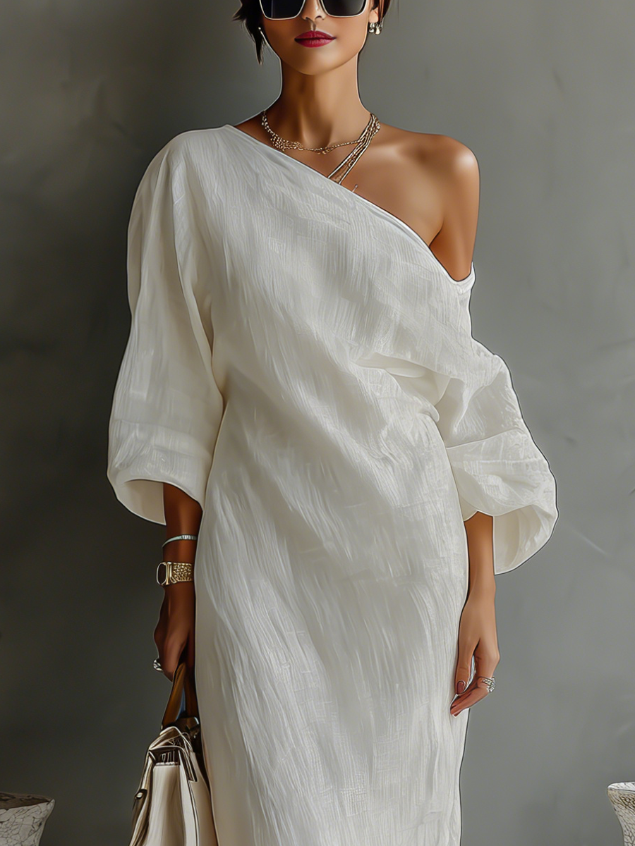 Ivory linen off-shoulder dress
