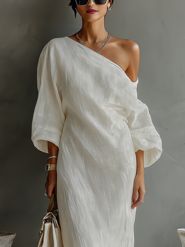 Ivory linen off-shoulder dress