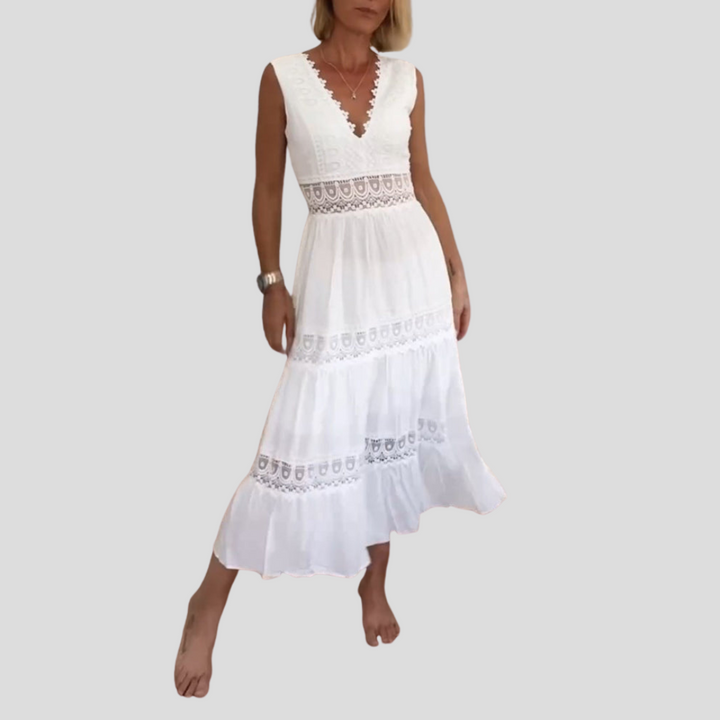 Sora™ – Sleeveless Boho Midi Dress with Lace Details