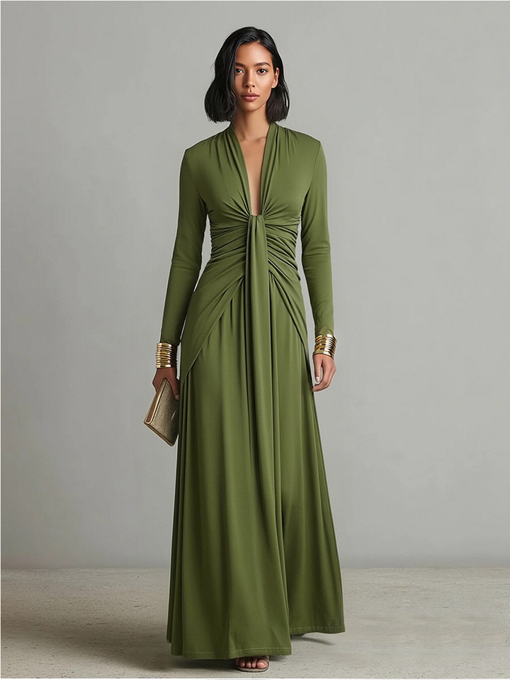 Olive silk V-neck maxi dress