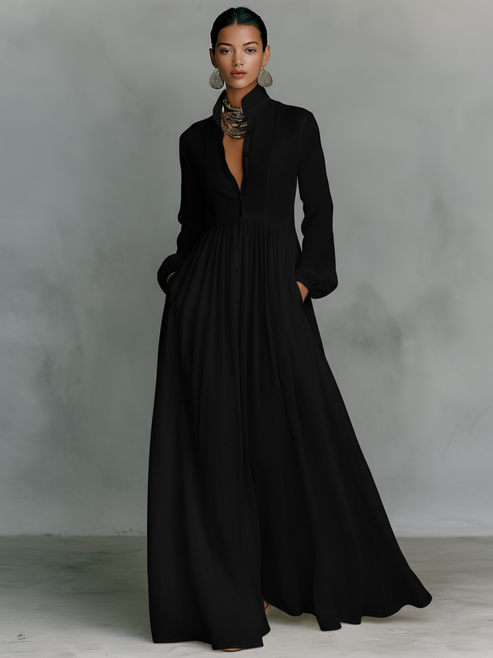 Patchwork Maxi Dress with Stand Collar