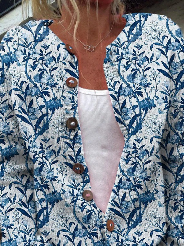 Elegant Blue And White Floral Pattern Print Buttoned Cardigan Sweater