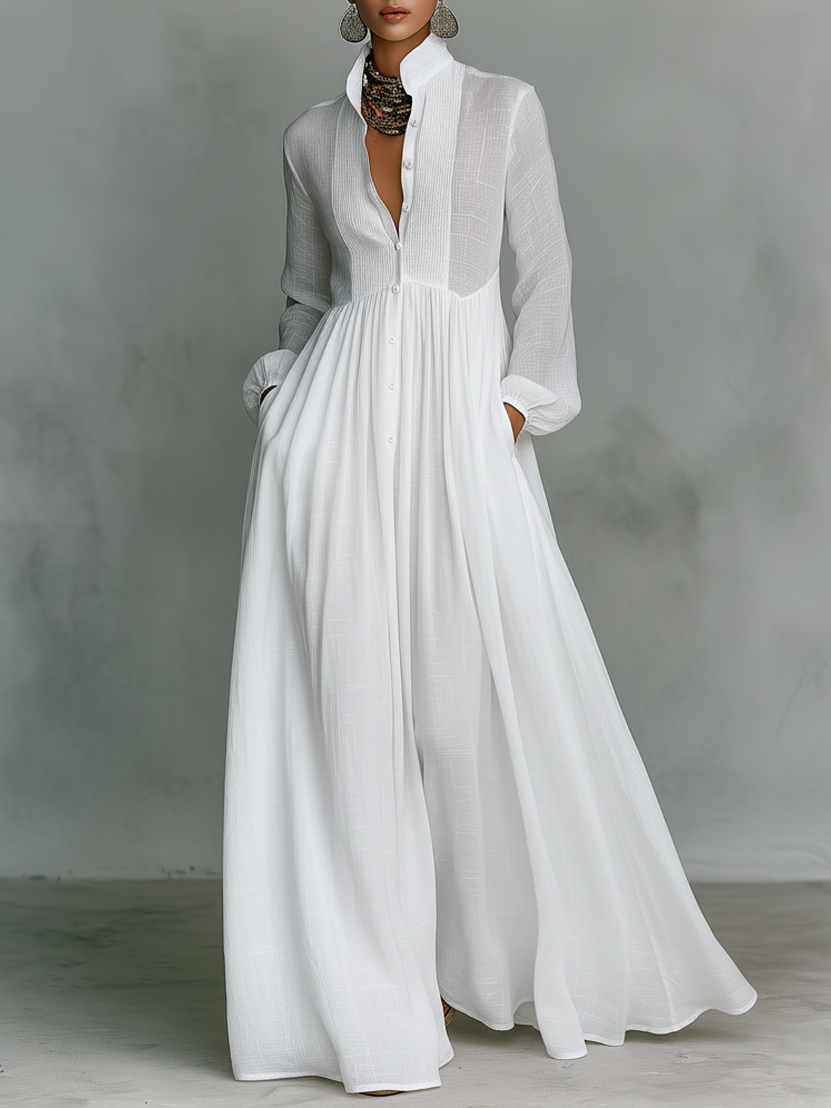 Patchwork Maxi Dress with Stand Collar
