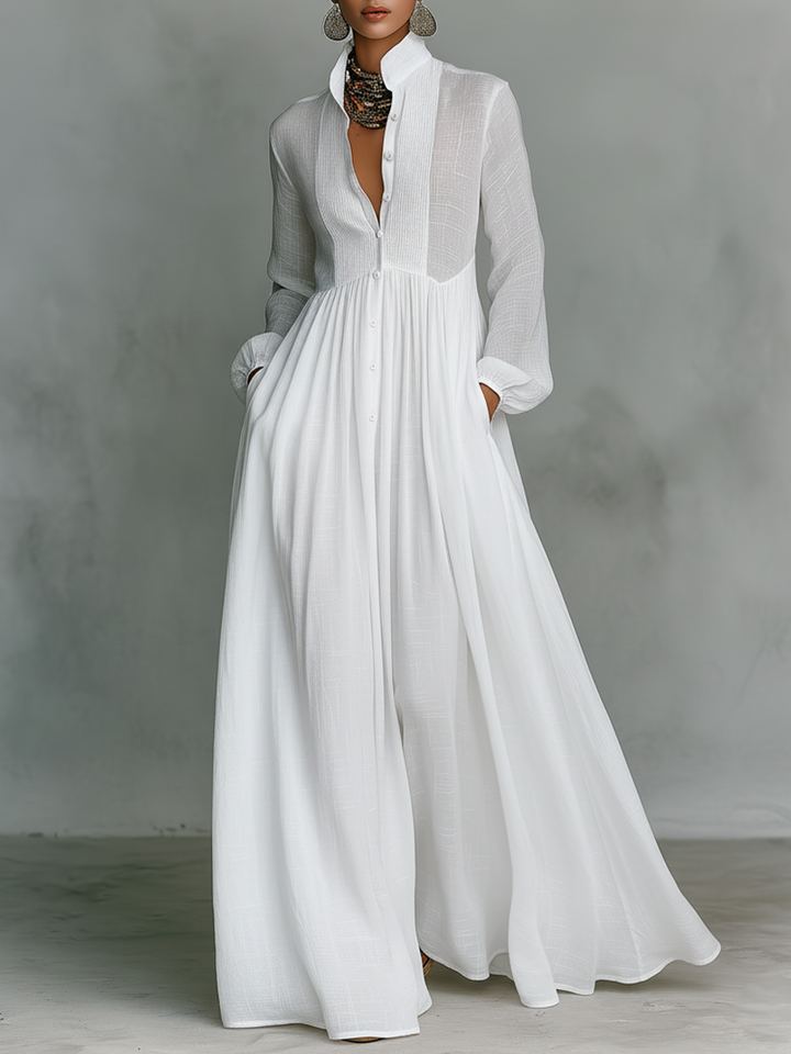 Patchwork Maxi Dress with Stand Collar
