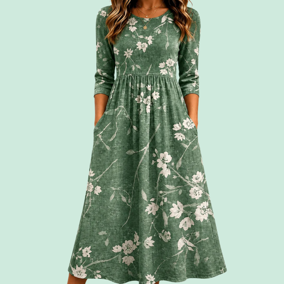 Evergreen Bloom Relaxed Pocket Midi Dress