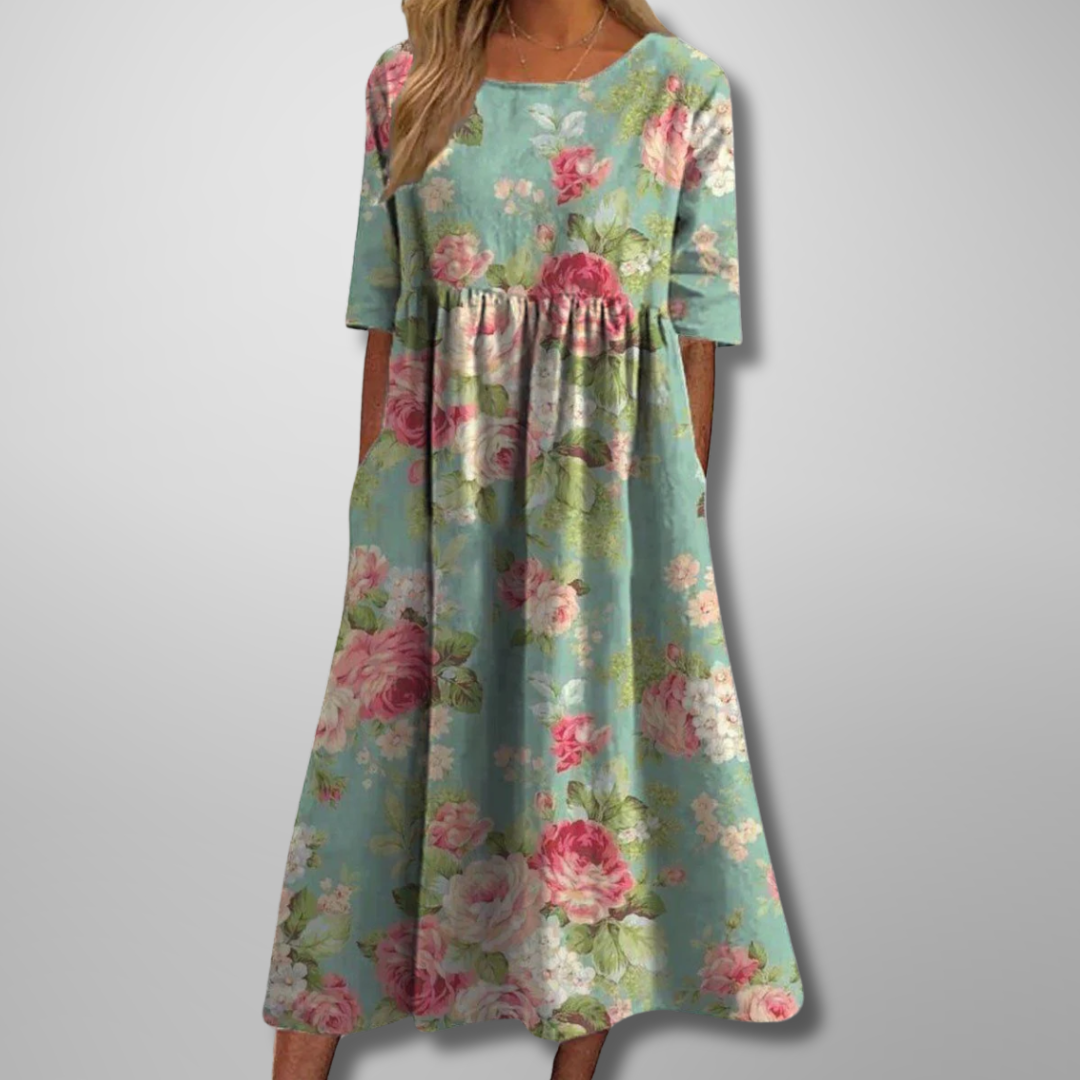 ELARA | ELEGANT PRINTED TUMMY-COVERAGE MIDI DRESS