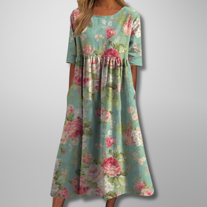 ELARA | ELEGANT PRINTED TUMMY-COVERAGE MIDI DRESS