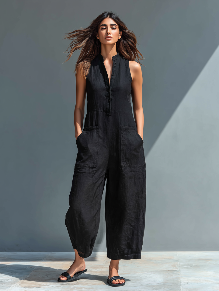 Sleeveless linen dungarees