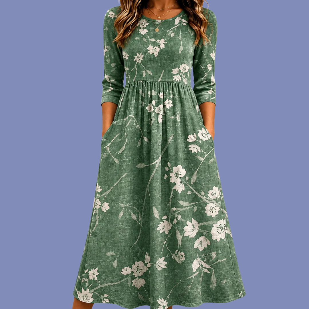 Evergreen Bloom Relaxed Pocket Midi Dress