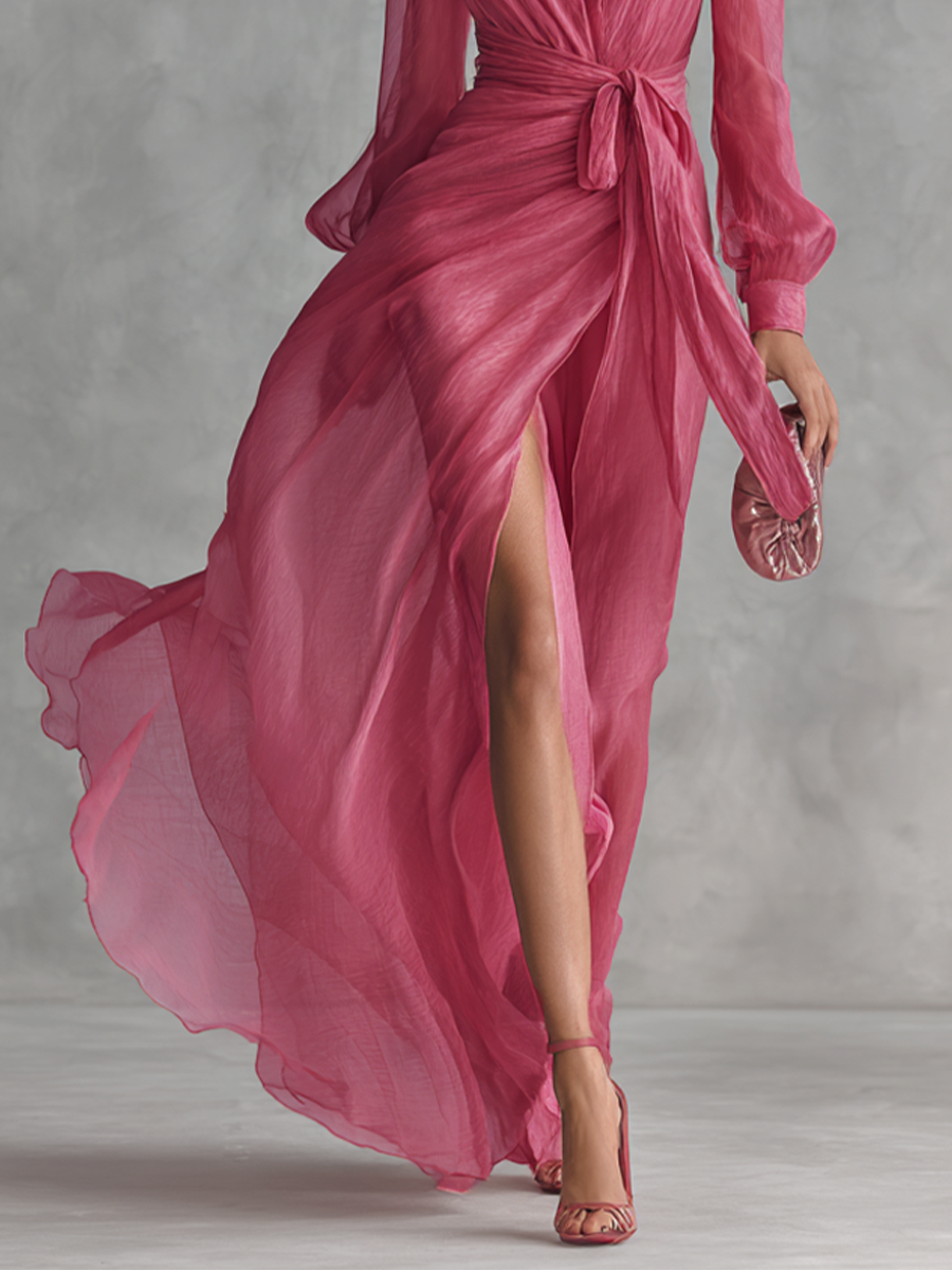Pink chiffon V-neck dress
