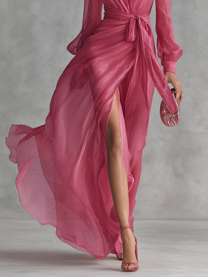 Pink chiffon V-neck dress