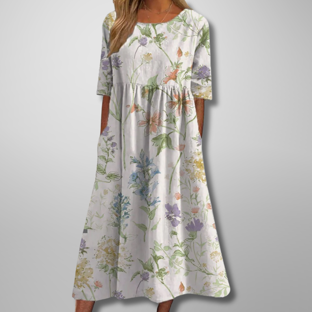 ELARA | ELEGANT PRINTED TUMMY-COVERAGE MIDI DRESS