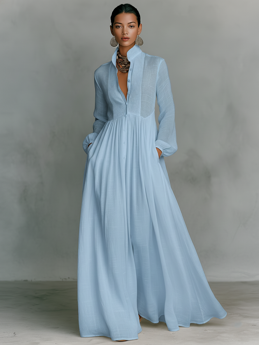 Patchwork linen stand-collar maxi dress