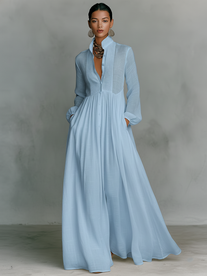 Patchwork linen stand-collar maxi dress