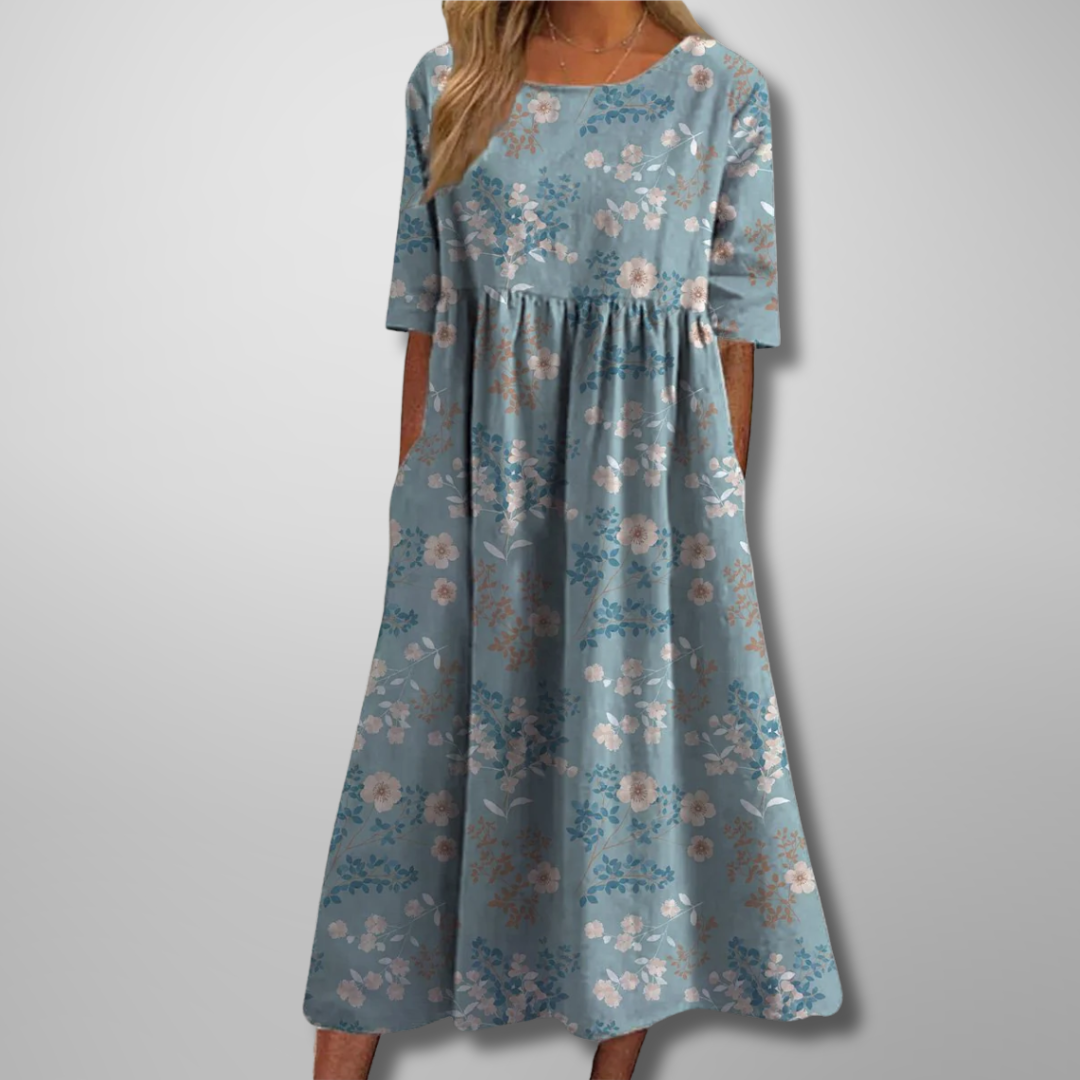 ELARA | ELEGANT PRINTED TUMMY-COVERAGE MIDI DRESS