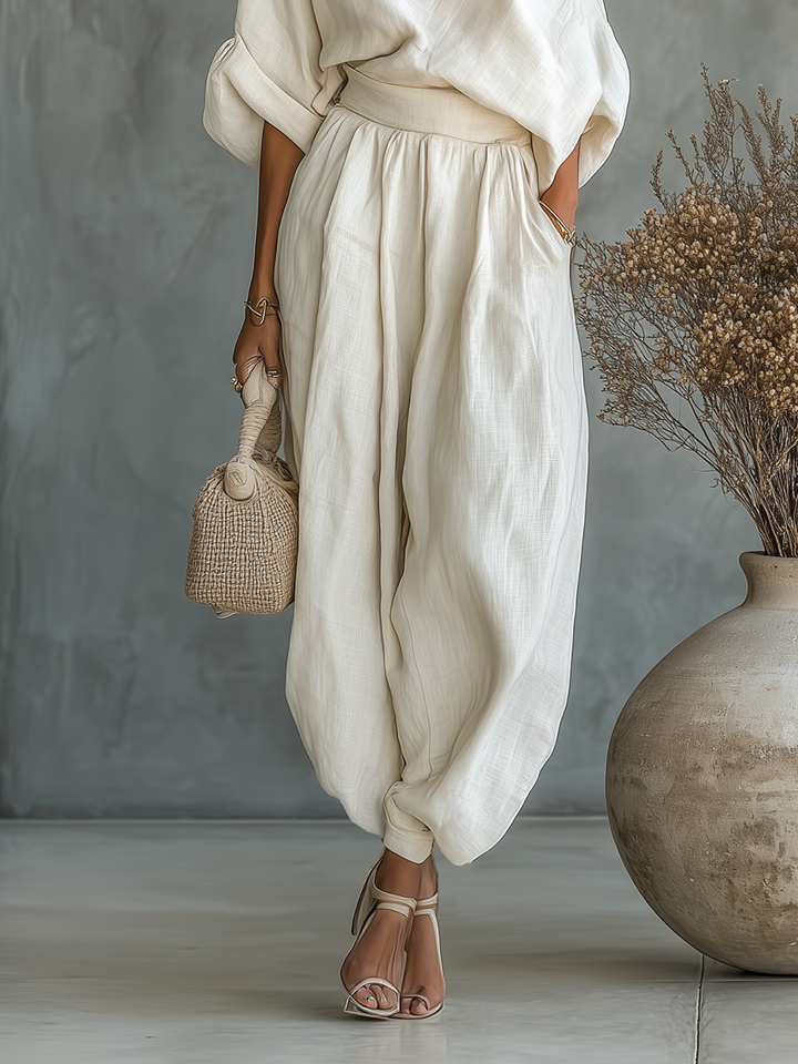 Linen off-shoulder trouser set