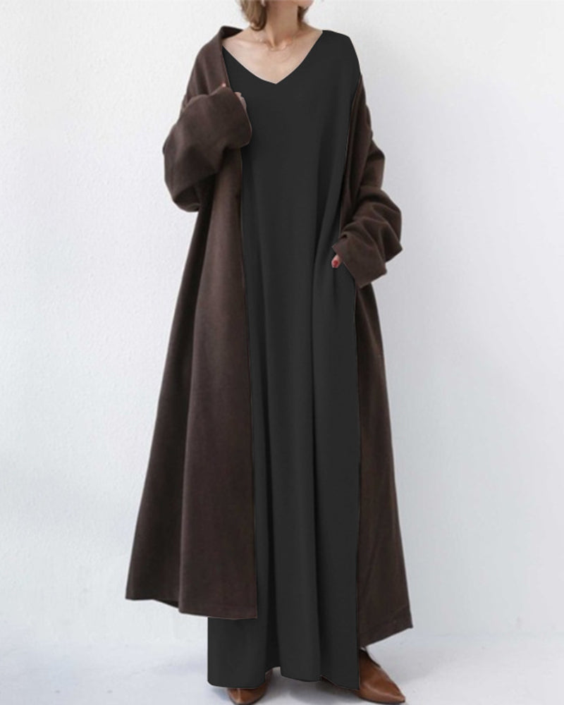 Eveluna - Stylish Long-Sleeve V-Neck Dress