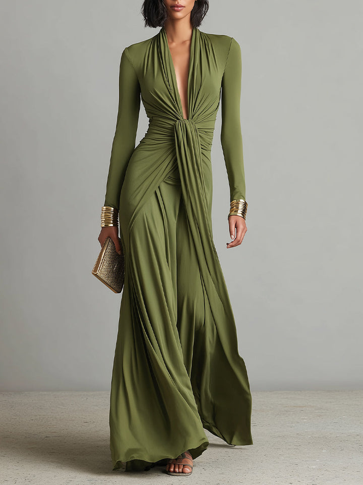 Olive silk V-neck maxi dress