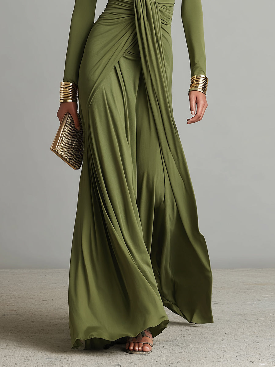 Olive silk V-neck maxi dress