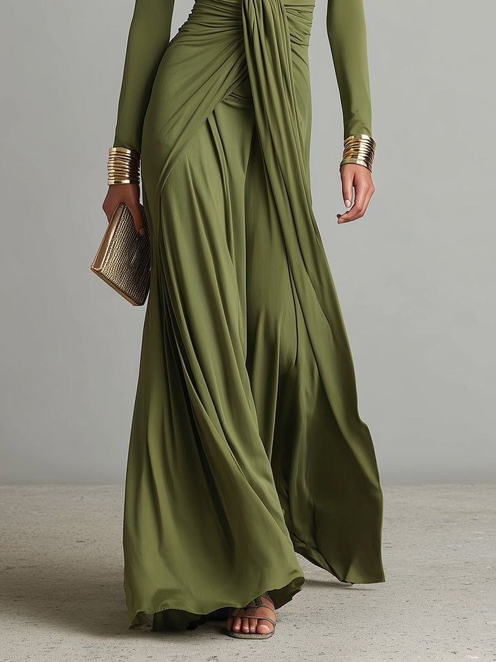 Olive silk V-neck maxi dress