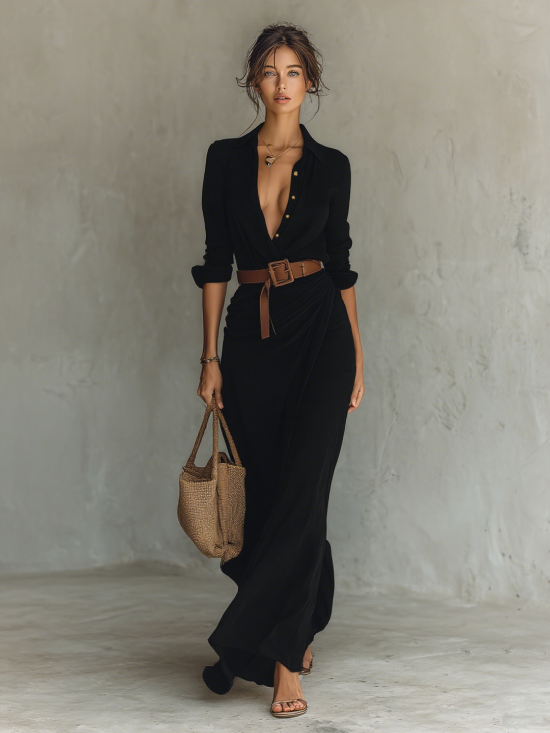 Long-sleeve maxi dress with revere collar