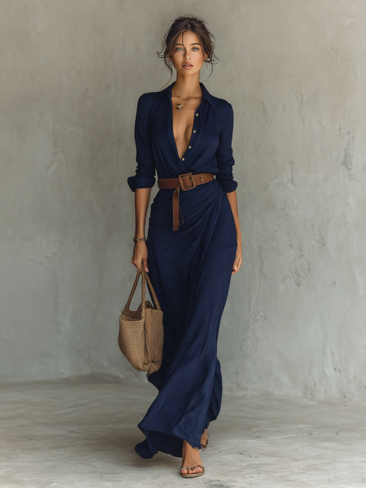Long-sleeve maxi dress with revere collar