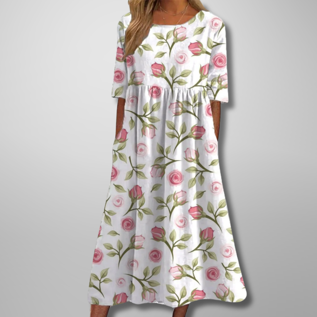 ELARA | ELEGANT PRINTED TUMMY-COVERAGE MIDI DRESS