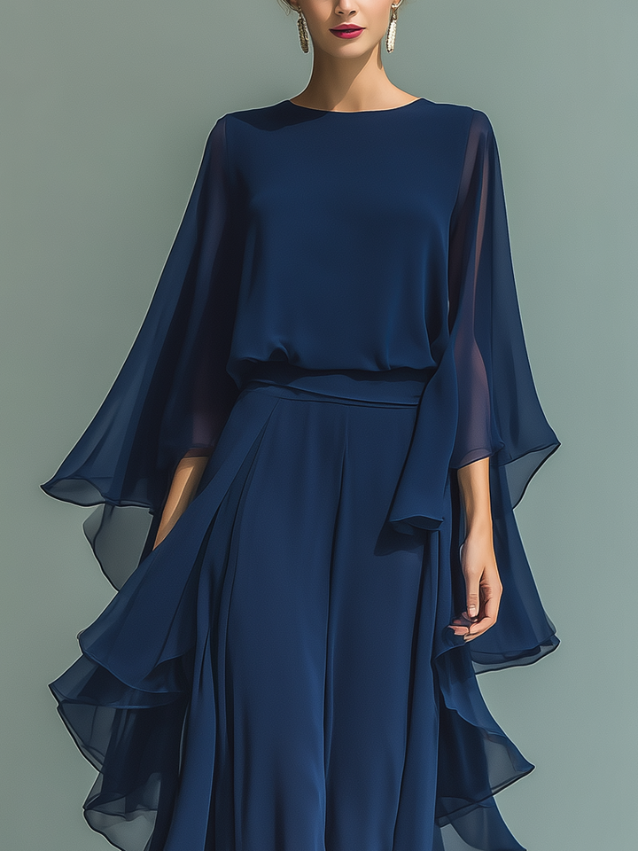 Navy Blue Chiffon Top Set with Flared Sleeves and Straight-Leg Trousers with Ruched Details