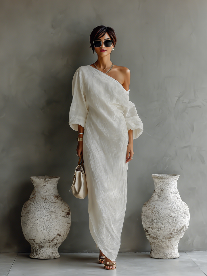 Ivory linen off-shoulder dress
