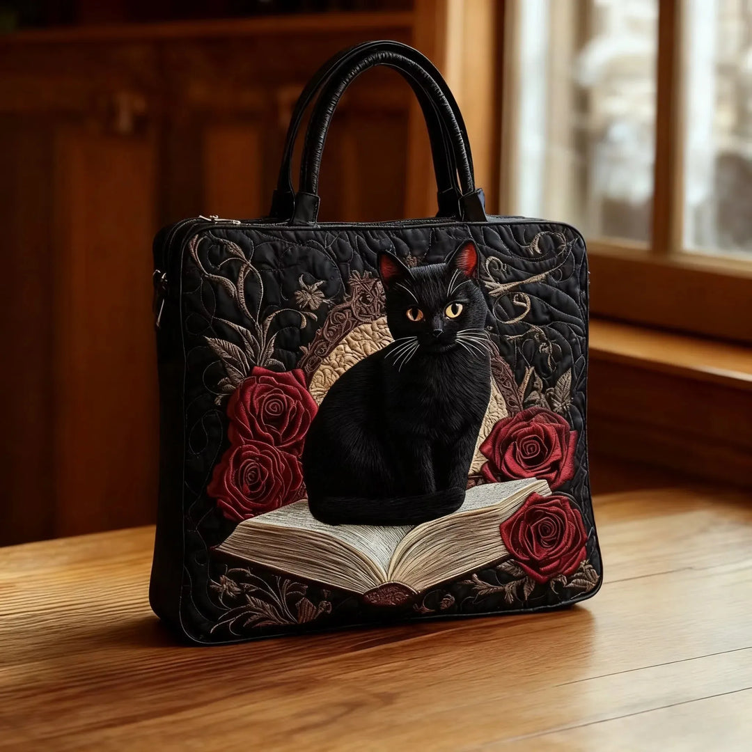 Handcrafted Quilted Bag - Black Cat on Books
