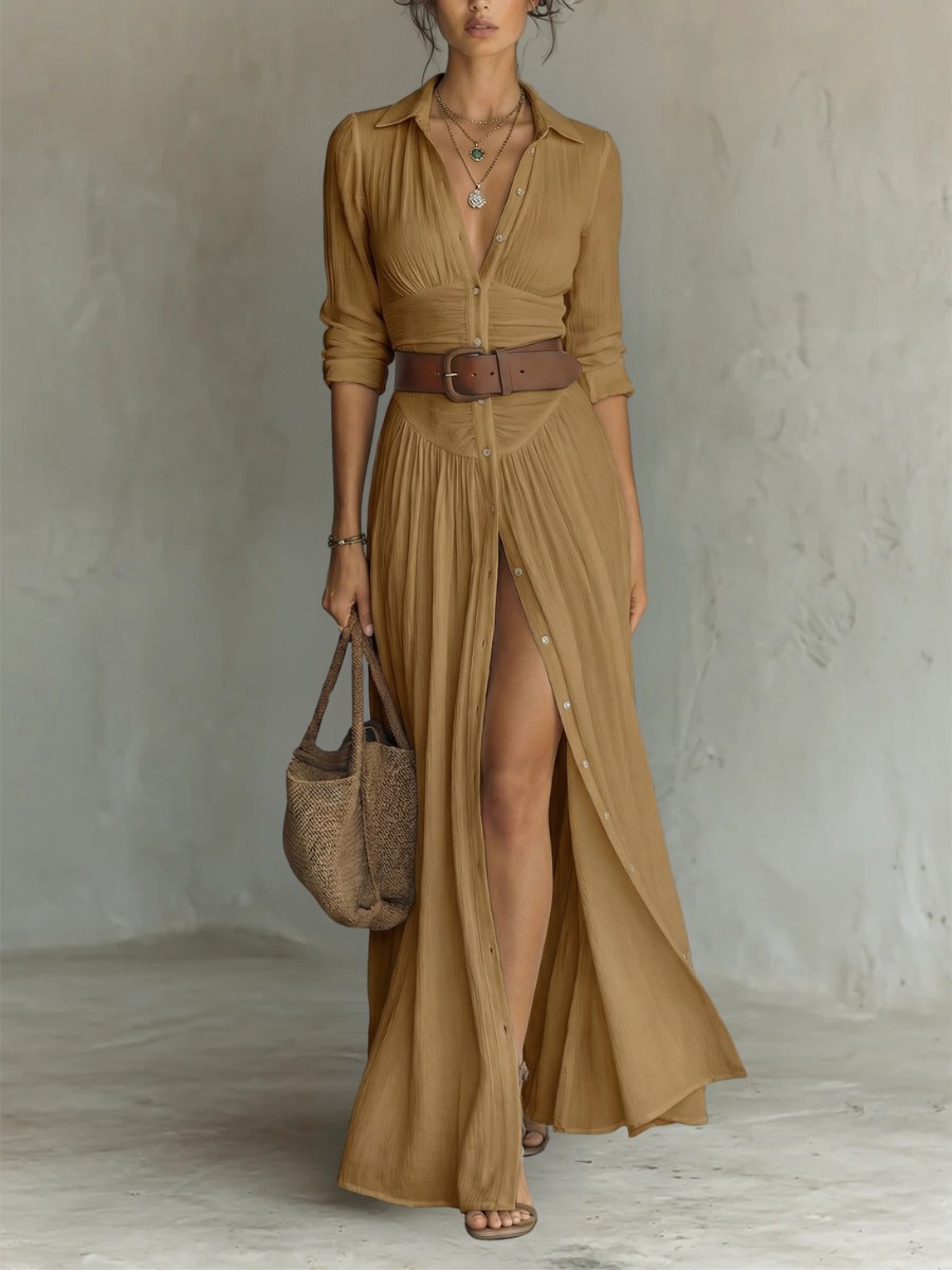 Linen long-sleeve maxi dress with revere collar