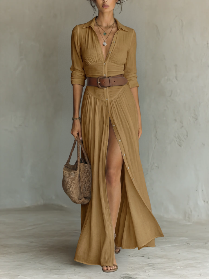 Linen long-sleeve maxi dress with revere collar
