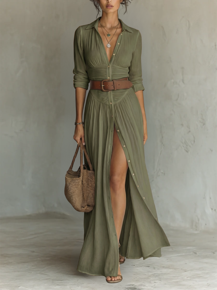 Long Linen Maxi Dress for Women with a Lapel Collar and Long Sleeves