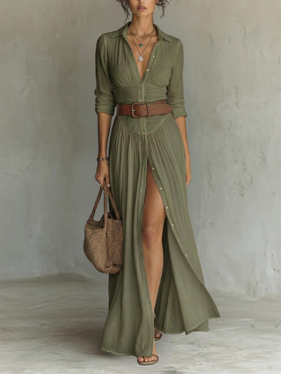 Linen long-sleeve maxi dress with revere collar