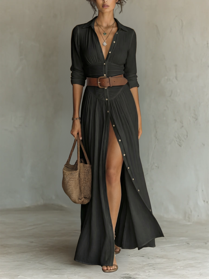 Linen long-sleeve maxi dress with revere collar