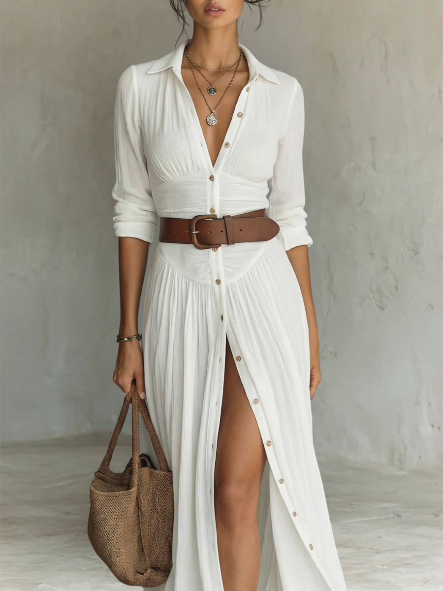 Long Linen Maxi Dress for Women with a Lapel Collar and Long Sleeves