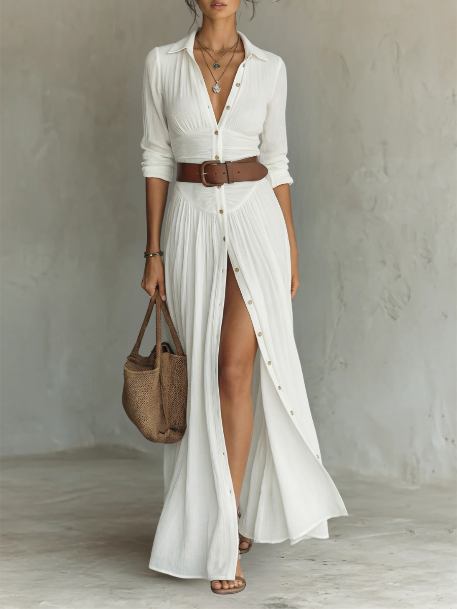 White linen pleated maxi dress