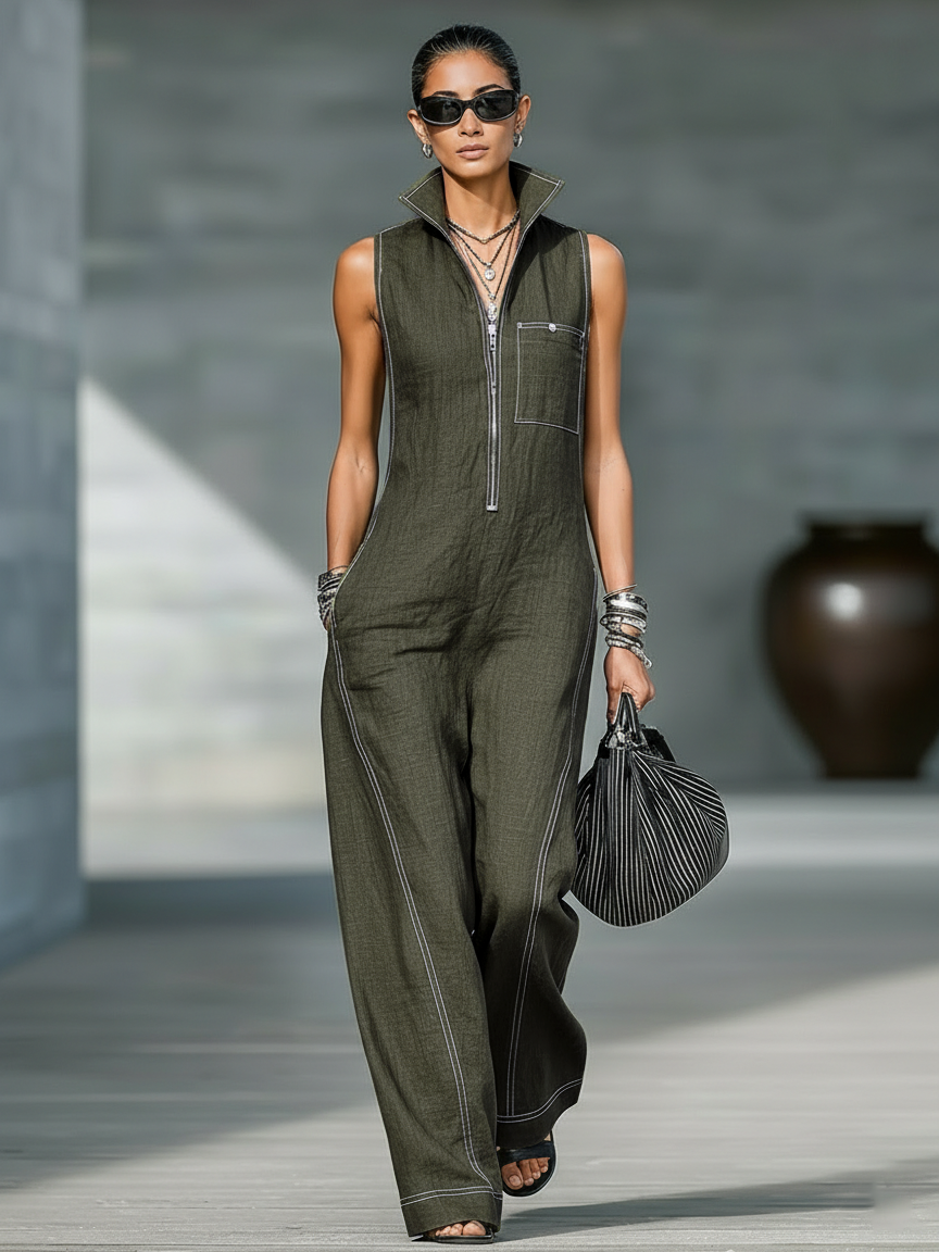 Sleeveless dungarees with white hem