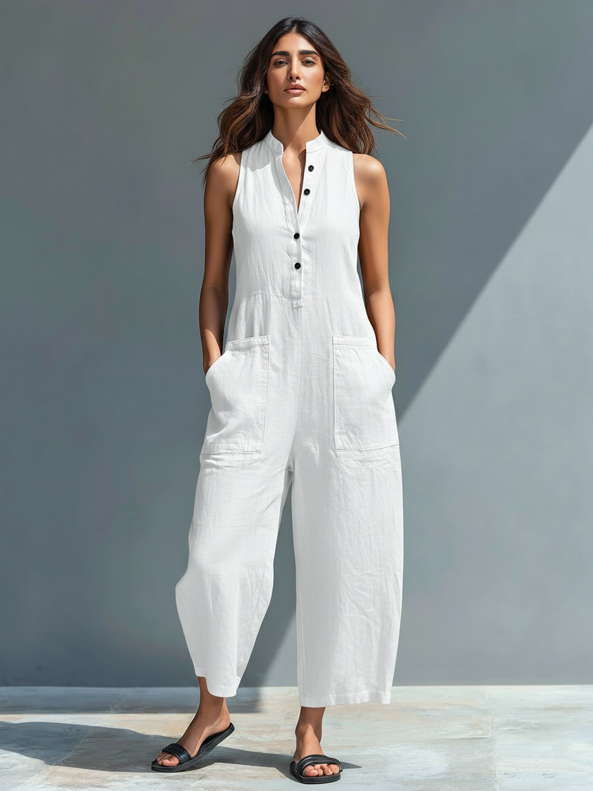 Sleeveless linen dungarees