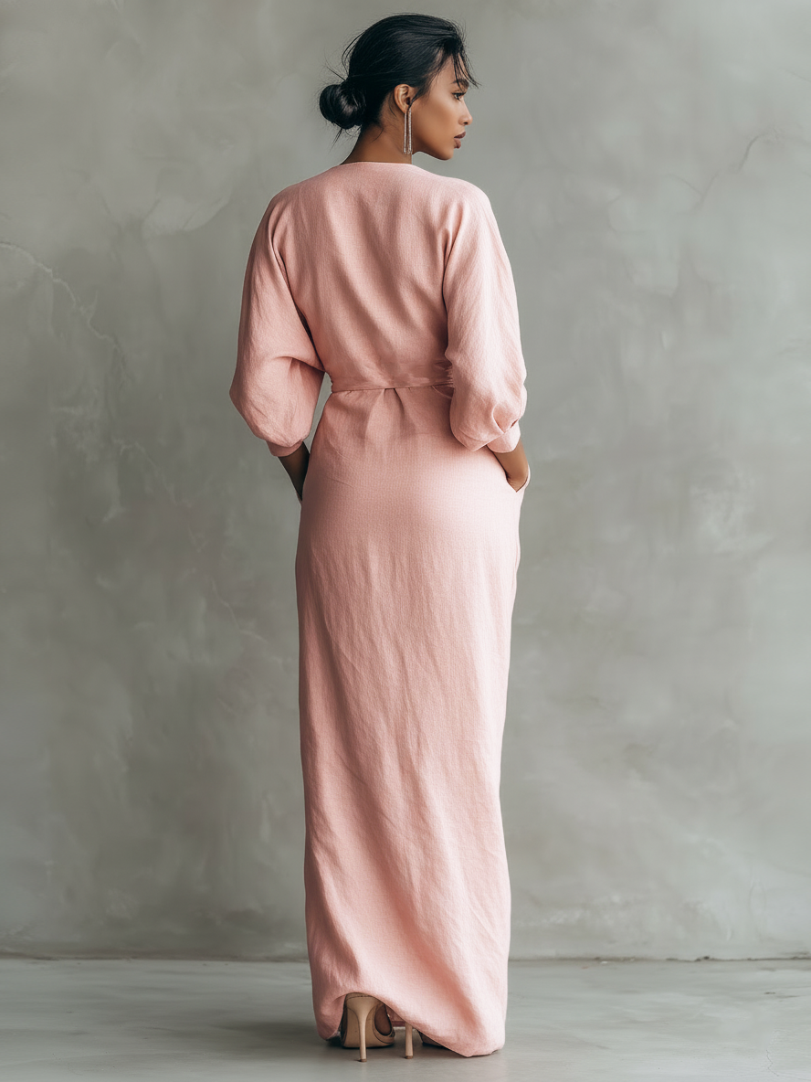 Taylor – Maxi minimalist dress in pink with a V-neck, made from a linen blend for women