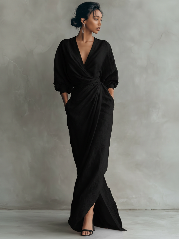 Pink linen V-neck maxi dress