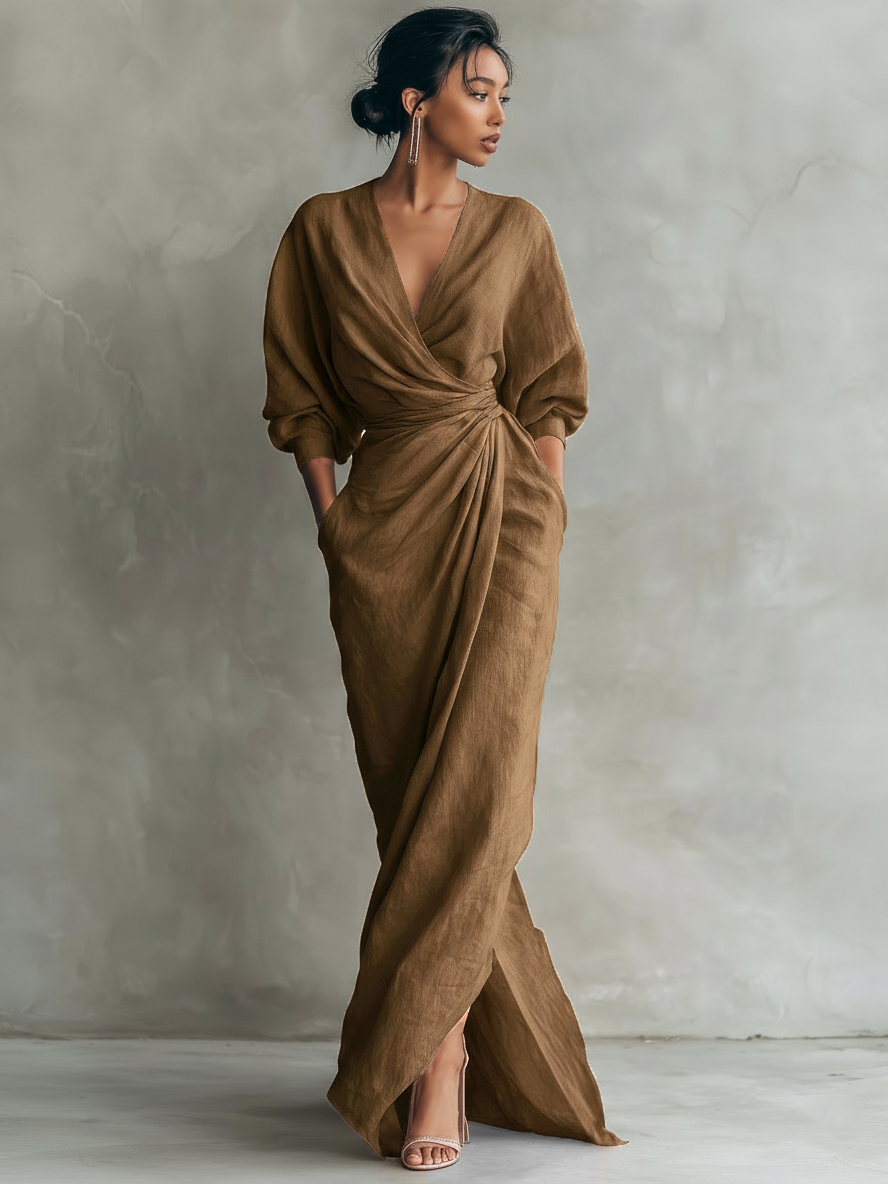 Taylor – Maxi minimalist dress in pink with a V-neck, made from a linen blend for women