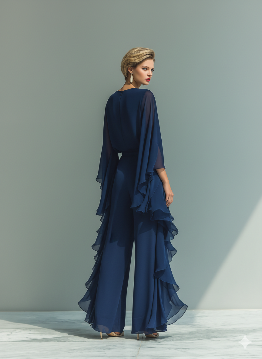 Navy Blue Chiffon Top Set with Flared Sleeves and Straight-Leg Trousers with Ruched Details