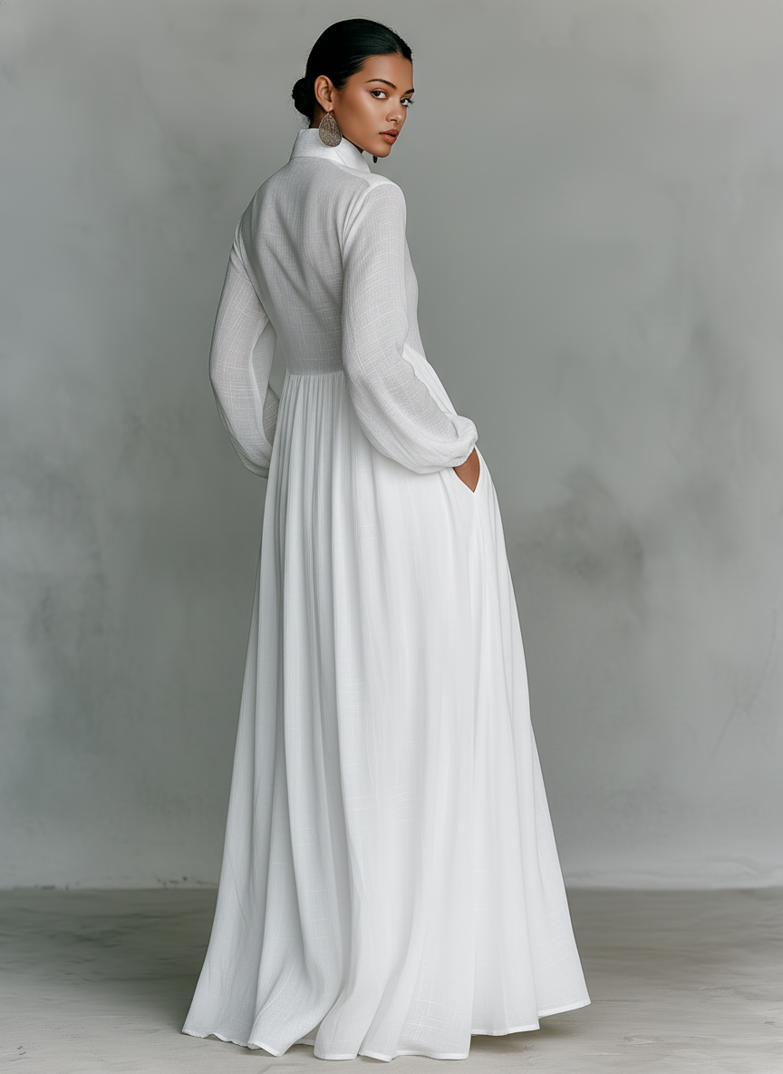 Patchwork linen stand-collar maxi dress